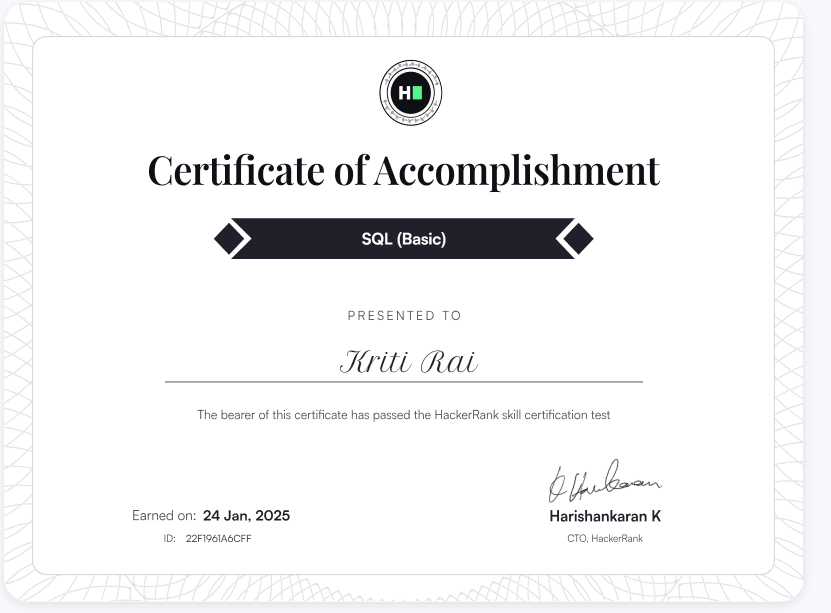 Kriti Rai | SQL and Relational Databases Certificate